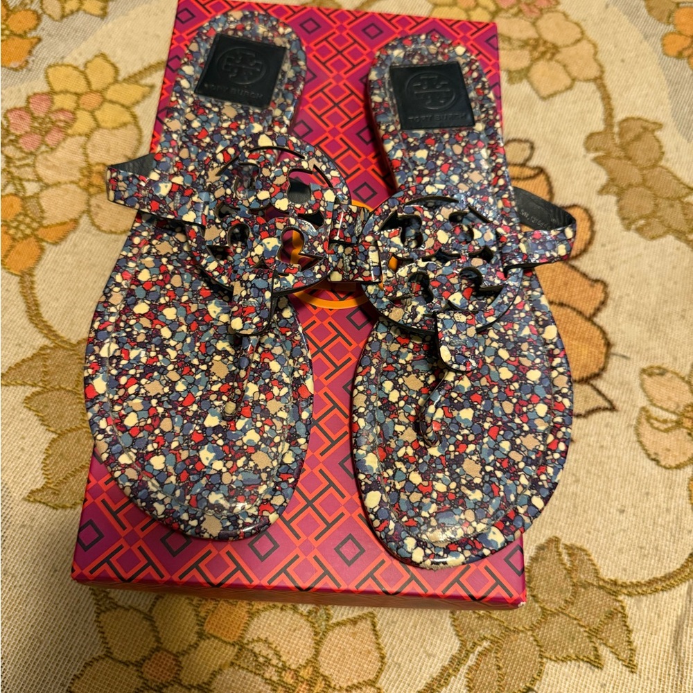 Tory Burch Red and Blue Printed Miller Sandals Box Label